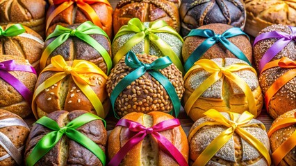 Fototapeta premium Vibrant bread ties in assorted styles and colors ideal for packaging and sealing bakery goods, adding a playful