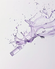Lavender oil in motion; glossy texture, light purple tint, droplets glowing on bright white.
