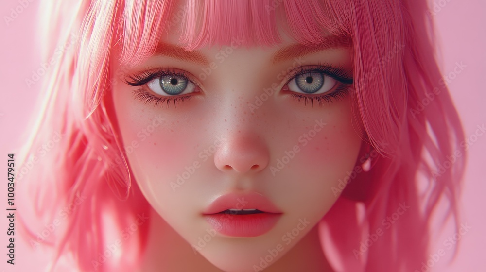 Poster A charming kawaii anime girl with big eyes and vibrant colors, embodying the essence of hyperrealistic art.