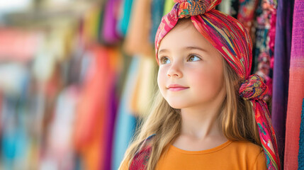 Fototapeta premium A young girl marvels at vibrant textiles, her colorful outfit reflecting her passion for unique fashion styles.