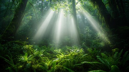 Fototapeta premium Sunlight beams through the canopy of a lush, green forest, illuminating the ferns and moss below.