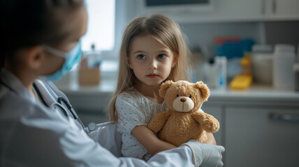 A young girl in a doctors office holding a teddy bear with a concerned look on her face about to get a shot vaccine vaccination