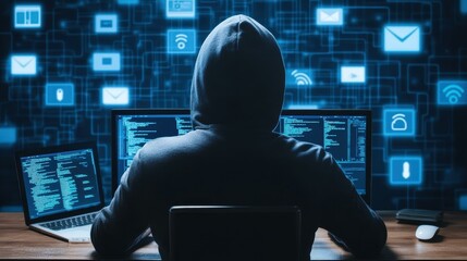 A vivid D illustration showcasing cyber crime themes like hacking, data breaches, and internet privacy threats.