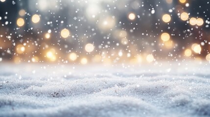 Snowfall with golden bokeh lights, winter scene