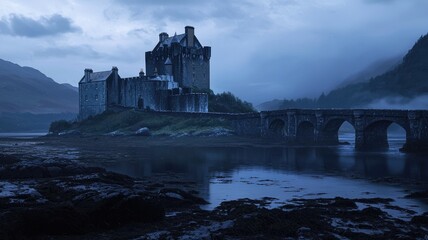 A stone castle and bridge in a misty, blue-hued landscape