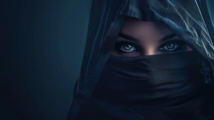 Naklejka premium Mysterious warrior woman wearing a cyberpunk style veil AI generated image