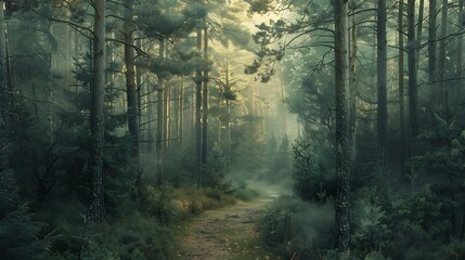 Obraz premium Misty forest path sunlight peeks through the trees creating a sense of mystery and wonder.