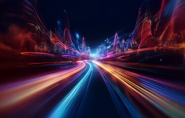 Obraz premium A night time cityscape with a road in the foreground, blurred with streaks of light creating a sense of speed.