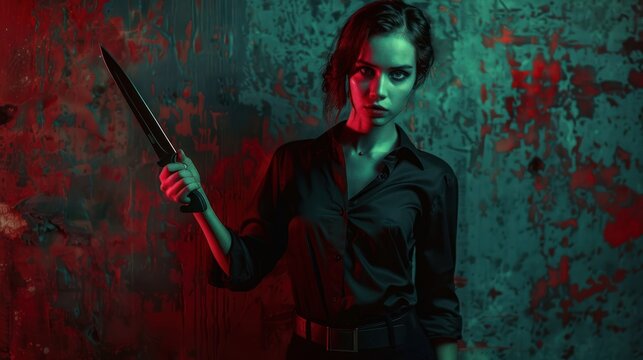 Stylish psychopath woman posing for mafia with knife in her hand AI generated image