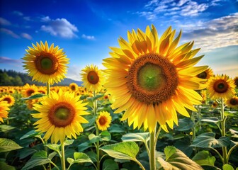 Fototapeta premium Vivid sunflowers stretch towards the radiant blue sky, their golden petals dancing in the gentle breeze, framed by