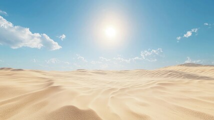 A vast, golden desert landscape under a bright blue sky with fluffy white clouds.