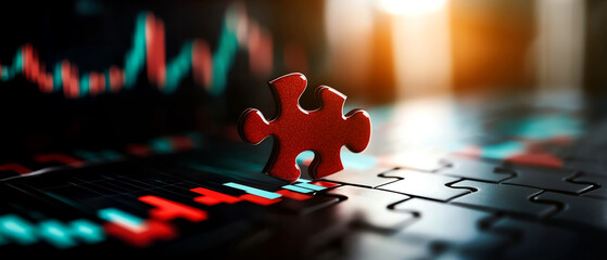 Red puzzle piece on a financial chart background, symbolizing problem-solving and strategy in market analysis.