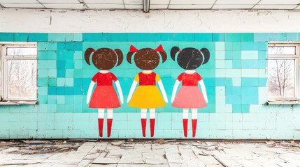 Colorful Mural of Three Girls in Abandoned Room
