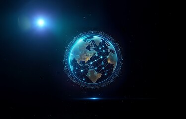 Obraz premium A stylized digital representation of Earth with a glowing outline and network lines connecting across the surface.