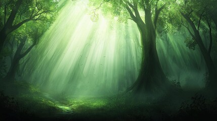 Obraz premium Serenity Unveiled: A Misty Forest Dawn with Nature’s Symphony