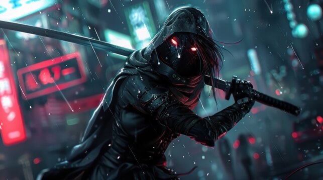 Cyberpunk style Cyborg ninja woman with sword AI generated image