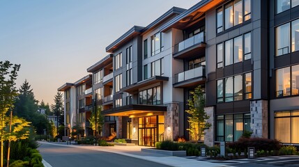 A modern apartment building with a sleek exterior, large windows, and a well-lit entrance.