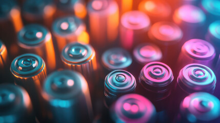 A close-up view of new batteries arranged neatly in a warehouse during daylight hours