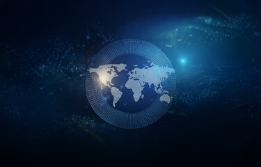 Naklejka premium A dark blue background with a grid pattern circle containing a dotted world map in the center.