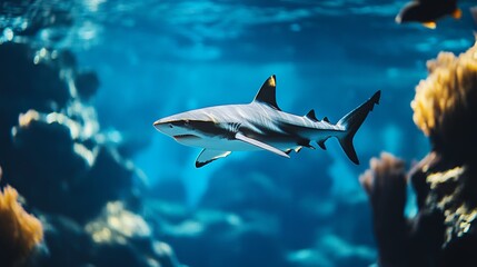 Fototapeta premium A blacktip reef shark swims gracefully through a clear blue ocean, with coral reefs visible in the background.