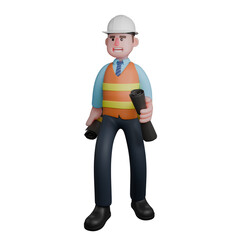 3D Male Architect at Work. An Architect stands holding a roll of sketch drawings in both hands. Building Design Cartoon