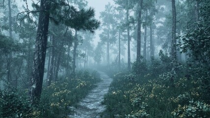 Fototapeta premium A Foggy Forest Path with Lush Greenery