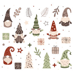 Vector illustration of funny Christmas gnomes, trees, gifts, candles. Set, set of Christmas elements