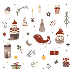 Vector illustration of funny Christmas gnomes, trees, gifts, candles. Set, set of Christmas elements