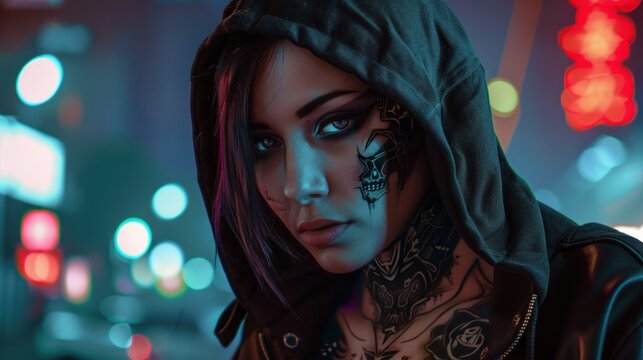 Mysterious cyborg woman in a black hood with tattoos on her face in cyberpunk style