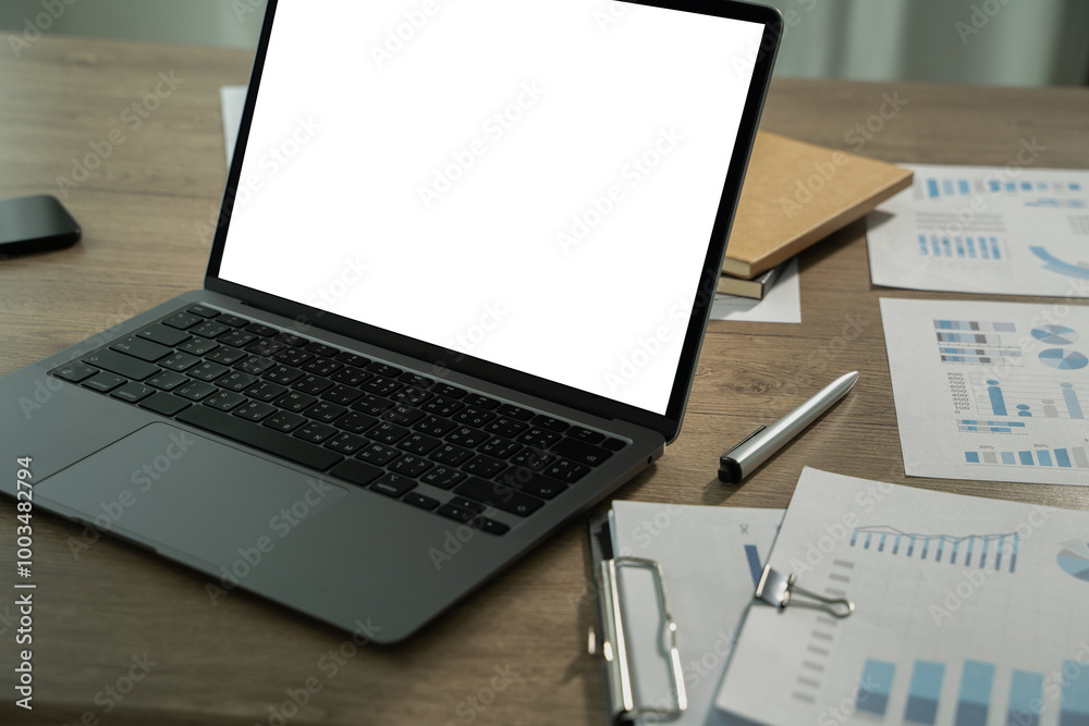 Poster laptop with blank screen on table. workspace background new project on laptop computer with blank co