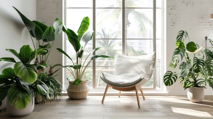 Minimalist Scandinavian style interior design with chairs and plants suitable for relaxing