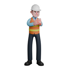 Construction Service Provider 3D. An Architect stands with both hands in front of his chest with his palms together. Male Architect Cartoon
