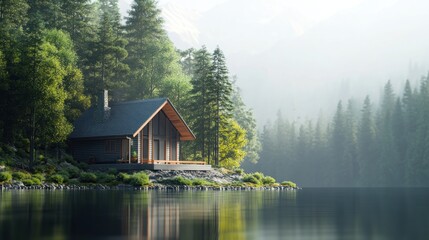 Fototapeta premium Cabin by the Lake in the Forest