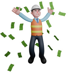 Male Architect with Blueprints. An Architect stands among flying money with both hands raised up. 3D Illustration