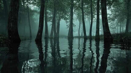 Obraz premium Misty Forest Reflection in Still Water