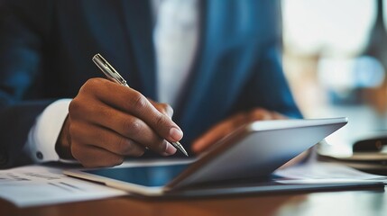 Obraz premium Professional Man Using Tablet to Write and Plan