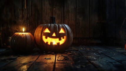 Obraz premium Glowing Jack-o'-Lantern and Candle on Rustic Wooden Floor
