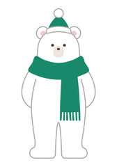冬の白熊のベクターイラスト。クリスマス、マフラー、帽子、シロクマ、ホッキョクグマ