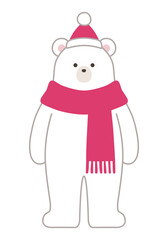 冬の白熊のベクターイラスト。クリスマス、マフラー、帽子、シロクマ、ホッキョクグマ