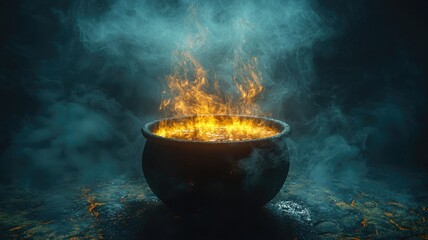 A Black Cauldron With Fire and Smoke