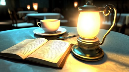 Cozy Evening with Tea and Book on Table