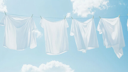 White shirts hanging on a laundry line against a blue sky, capturing a clean and fresh outdoor concept, symbolizing purity and freshness.