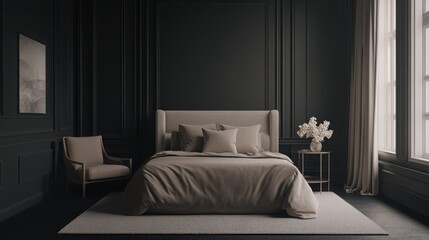 Mock up frame in a minimalist room with charcoal grey walls and a comfortable beige bed