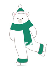 スケートをする白熊のベクターイラスト。冬、マフラー、帽子、シロクマ、ホッキョクグマ、クリスマス