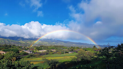 A beautiful rainbow appears over the Hawaiian Kai area in Hawaii.