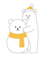 雪だるまを作る白熊のベクターイラスト。冬、マフラー、帽子、シロクマ、ホッキョクグマ、クリスマス
