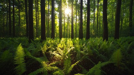 Obraz premium Sun rays shining through tall trees in a lush forest, with a foreground of ferns.