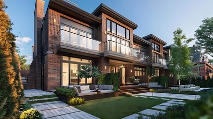 Obraz premium A modern townhouse with a brick facade, large windows, and a small front garden.
