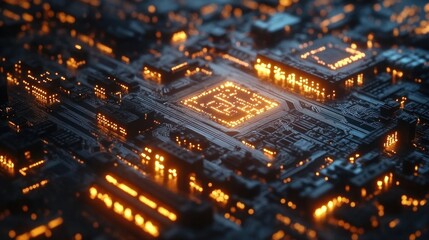 Close-up of a Circuit Board with Glowing Lights