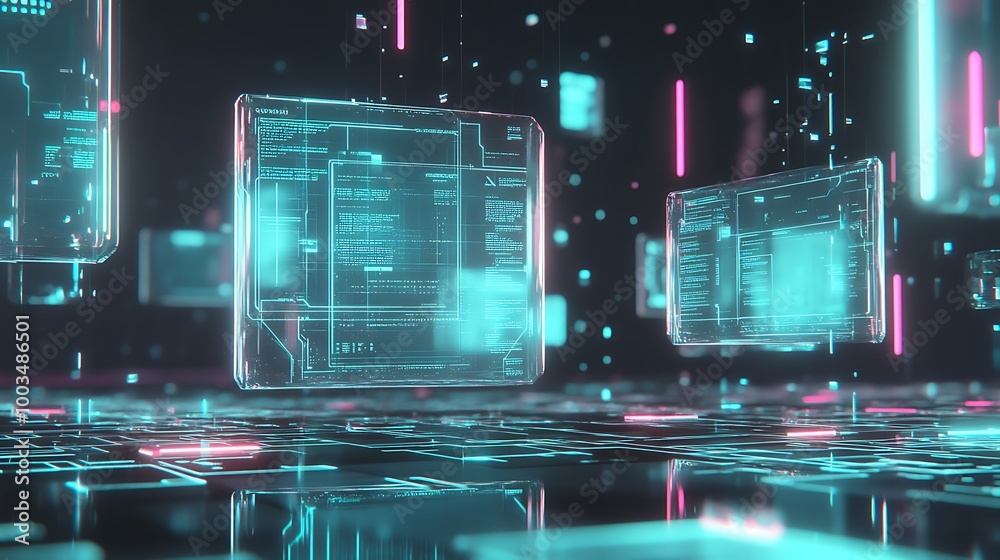 Poster Abstract digital background with floating transparent cubes with neon lights.